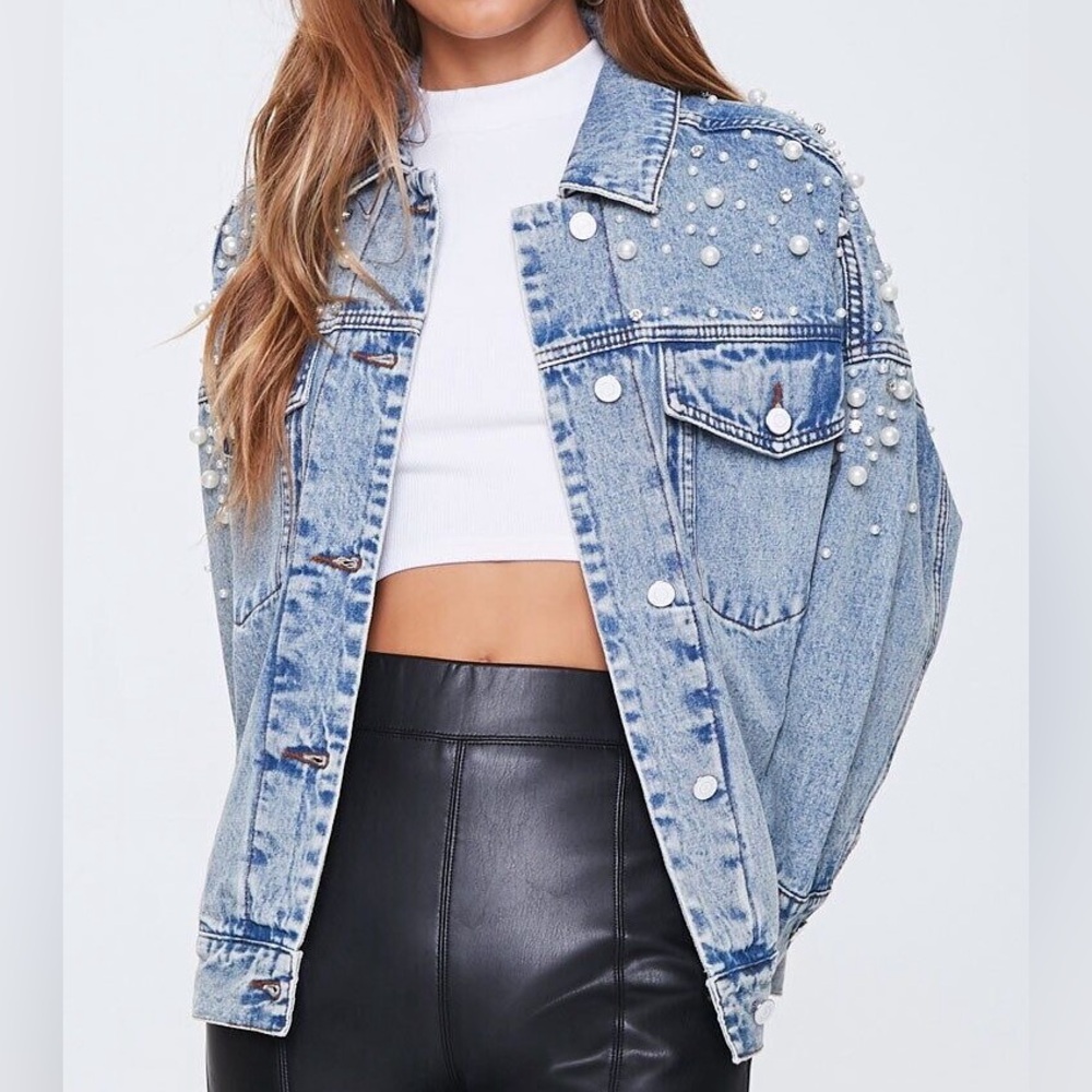NWT Forever 21 Faux Pearl Denim Jacket